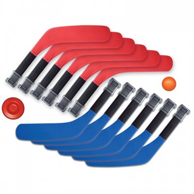 12 mini-hockey sticks, 1 ball, 1 puck