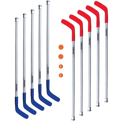 12 bâtons de hockey 52", 2 balles, 2 rondelles